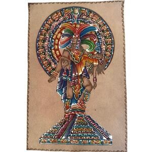Vintage Amor Eterno Mayan México Handpainted Handmade Leather Artwork